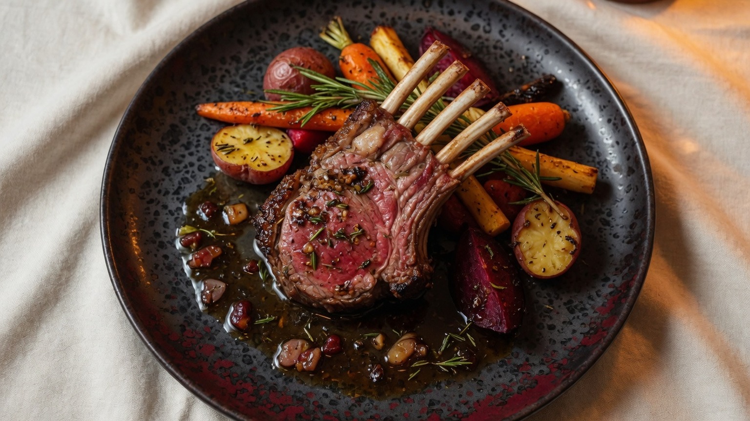 Herb roast lamb rack with root vegetables, food only