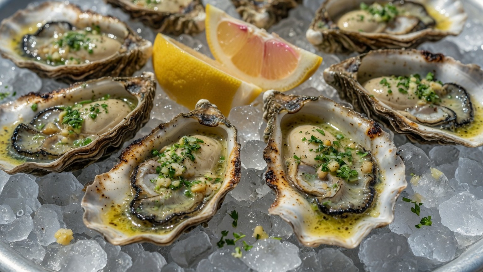 Grilled oysters with herb butter and lemon, food only