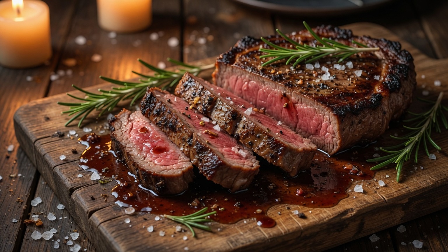 Sliced ribeye with rosemary and pan juices, food only