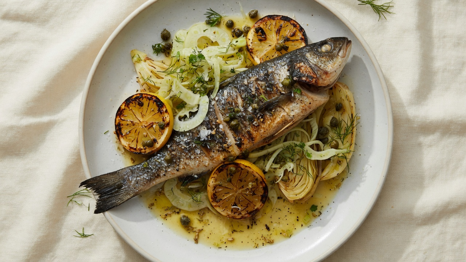 Grilled sea bass with fennel, lemon, and capers, food pairing image