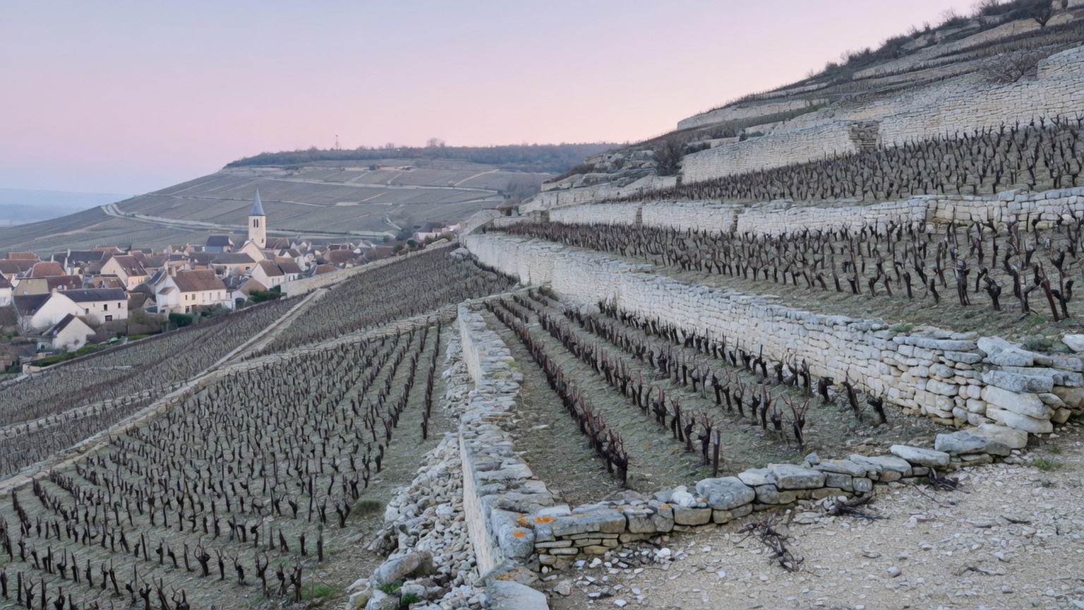 Meursault limestone vineyard terraces above the village, generated scene