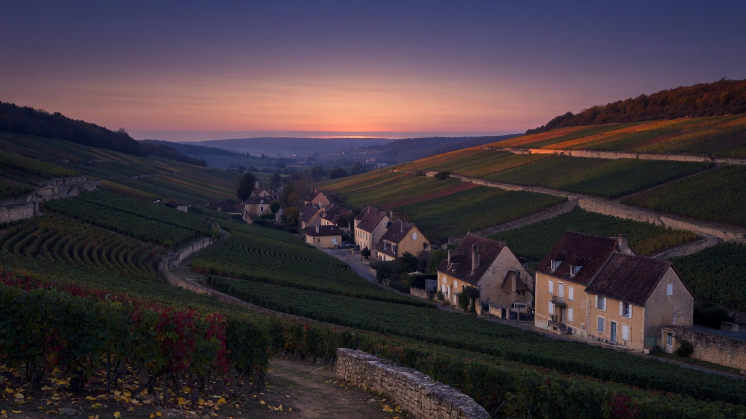 Cote de Beaune village and vineyard slopes at dusk, generated scene
