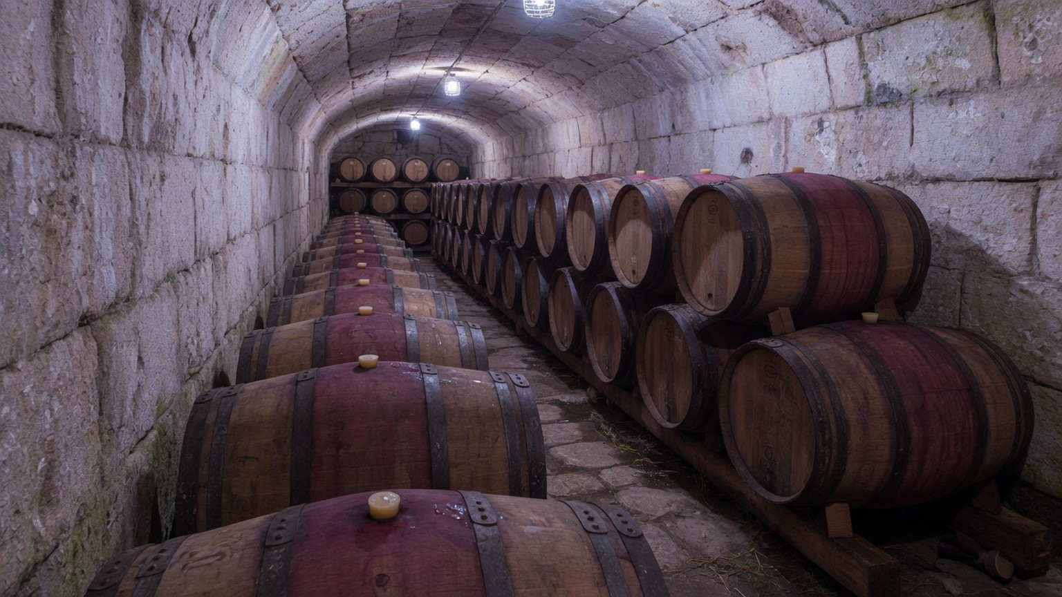 French oak barrels in a limestone Burgundy cellar, generated scene