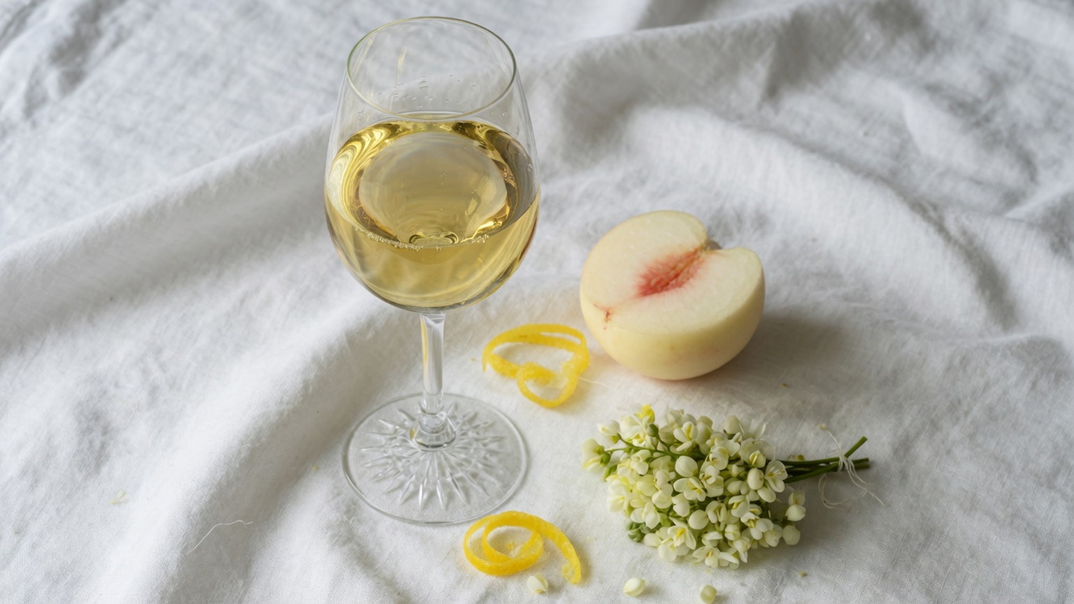 Pale gold Meursault in crystal with white peach and lemon zest