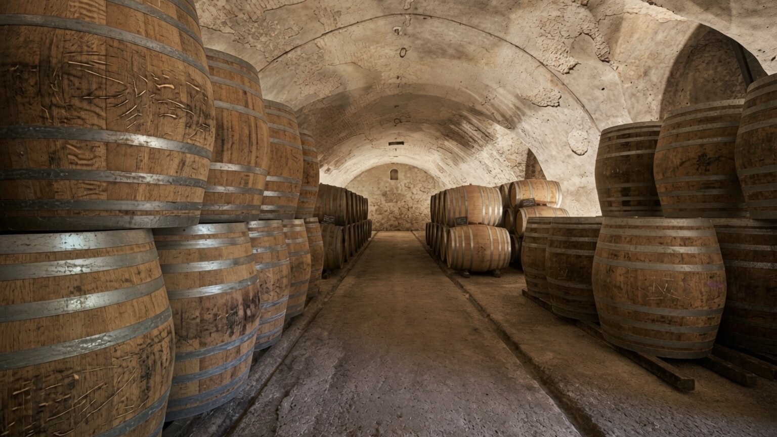 Barrel cellar representing Le Redini's maturation in barriques and tonneaux