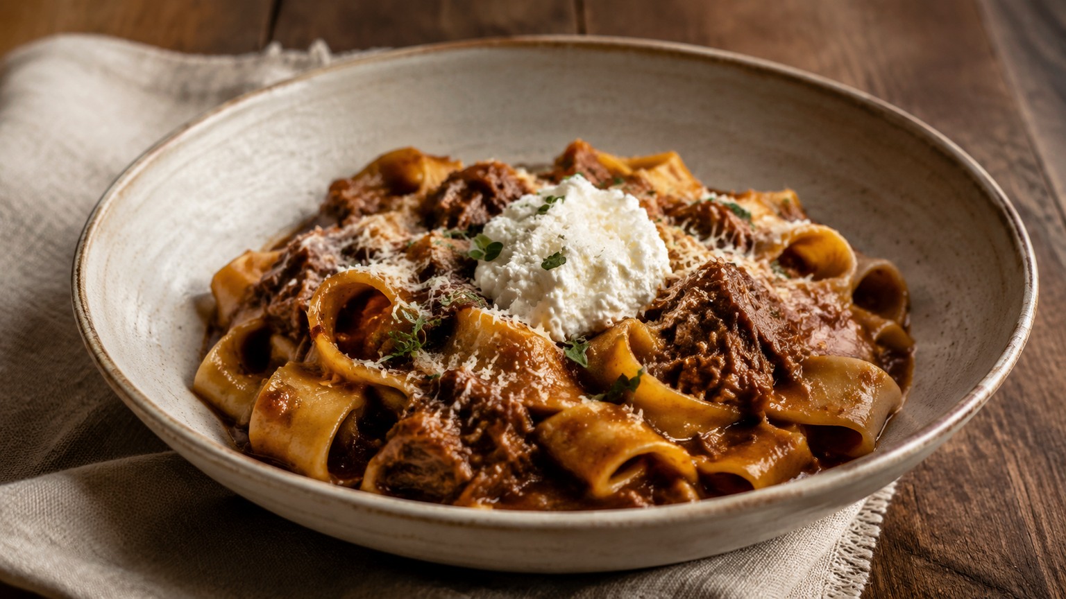 Pappardelle with slow-braised duck ragout and ricotta