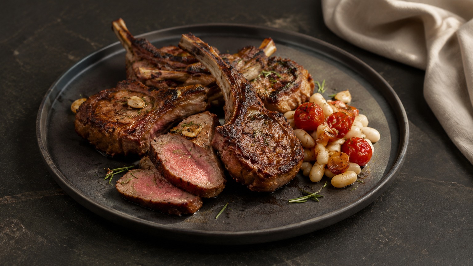 Rosemary and garlic lamb chops with cannellini beans and tomatoes