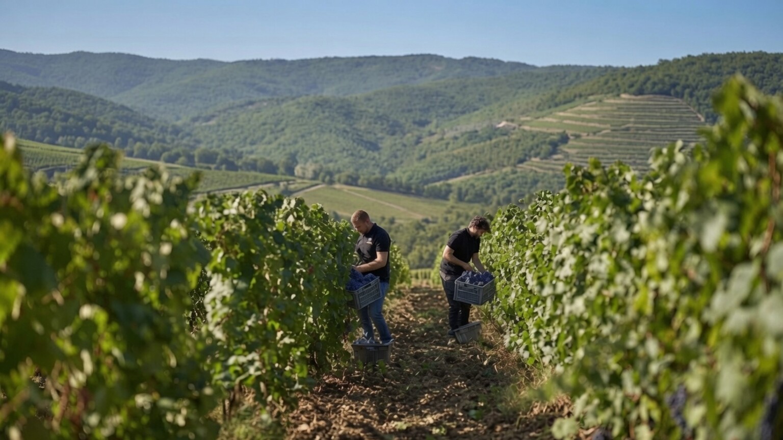 Tuscan vineyard harvest scene representing Le Redini's organic farming