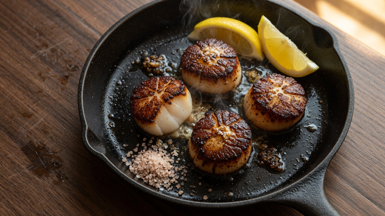 Pan-seared scallops with lemon and sea salt, food only