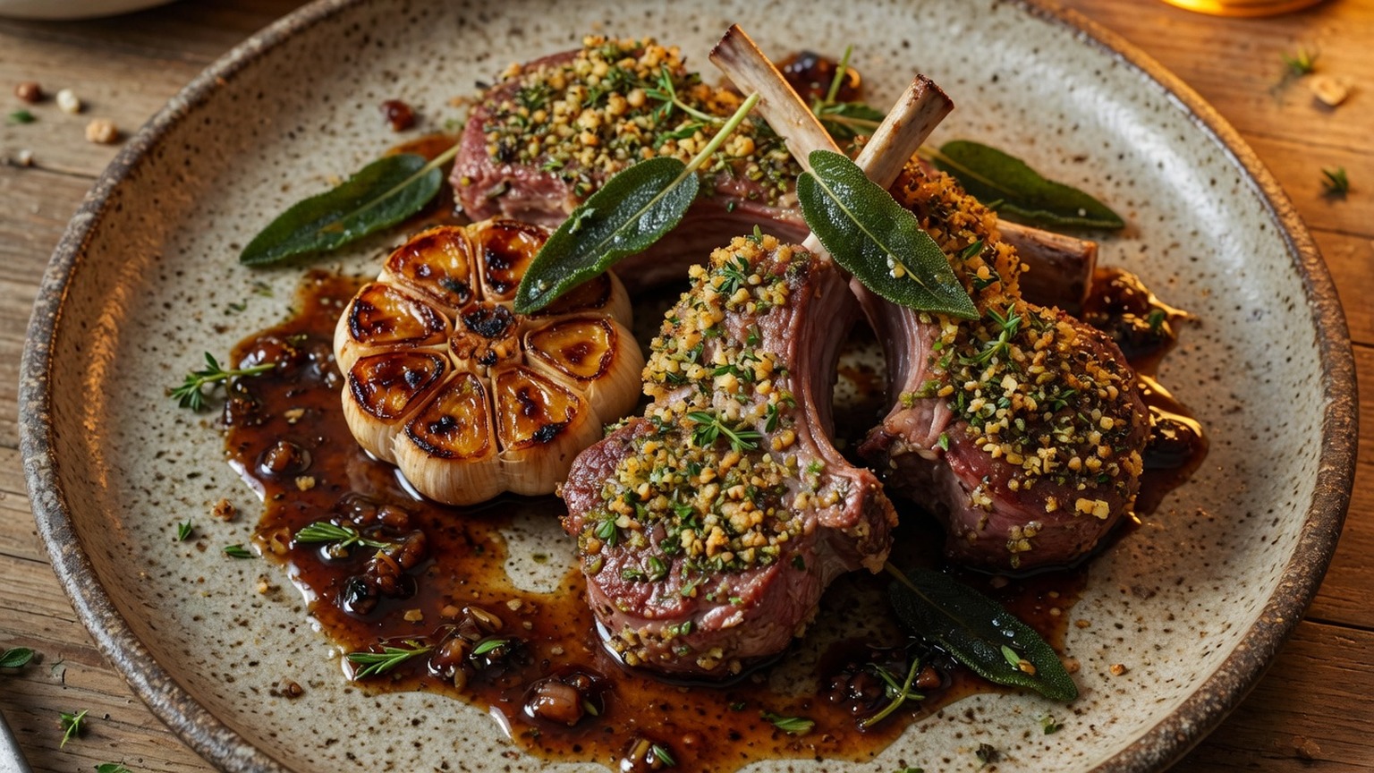 Herb-crusted lamb chops with roasted garlic and sage, food only