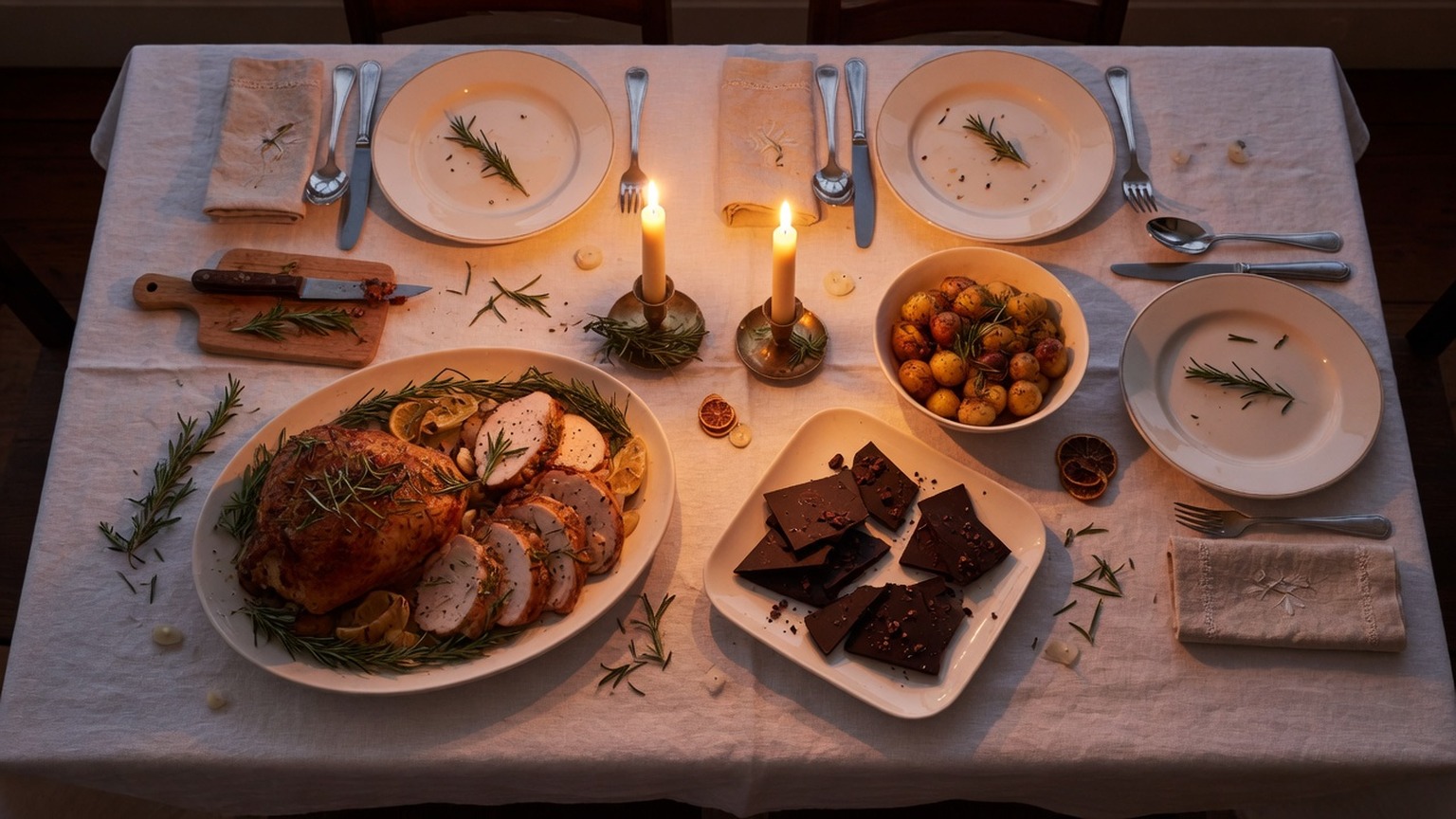 Candlelit dinner table with roast, potatoes, and dark chocolate, no wine bottle