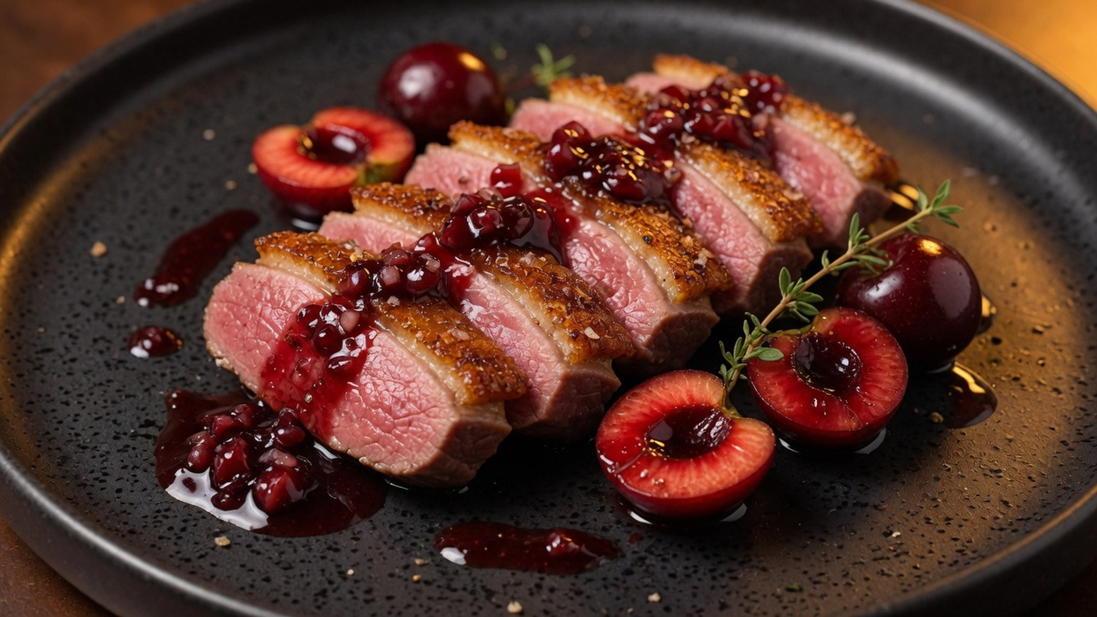 Duck breast with Bing cherry sauce, food pairing image