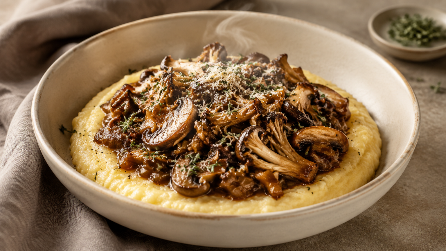 Mushroom ragu over creamy polenta, food pairing image