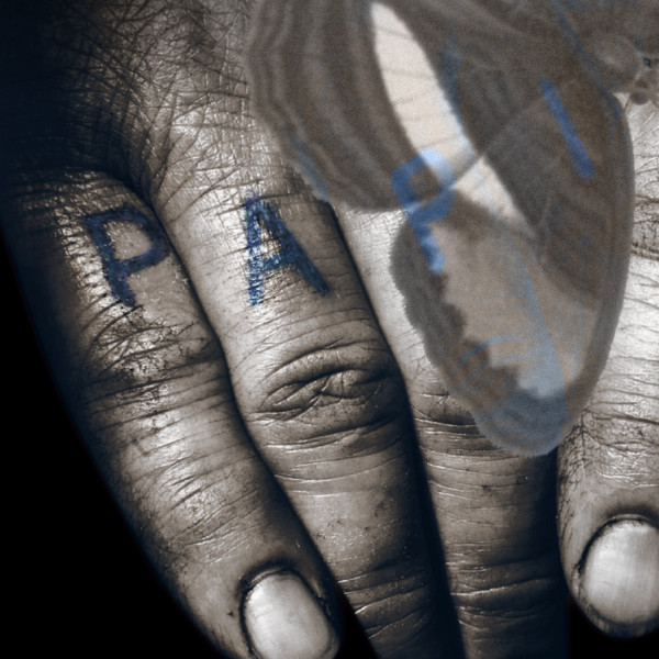 Close photograph of farming hands and a butterfly, the letters P A P I on the fingers