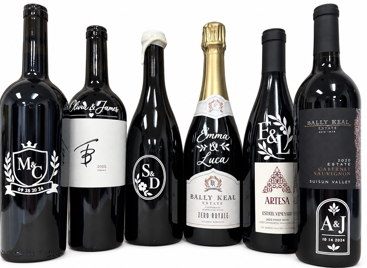 Personalized wine bottles with custom initials, dates, and wedding crests cut in-house at WineSlash