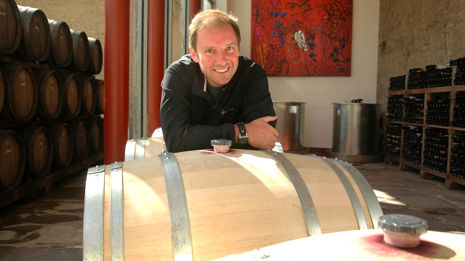 Philippe Melka with a French oak barrel, the Napa winemaker who designed Pirouette