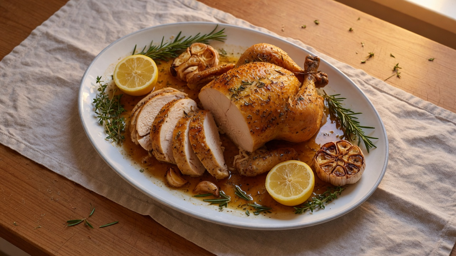 Golden roast chicken with lemon and herbs, food pairing image