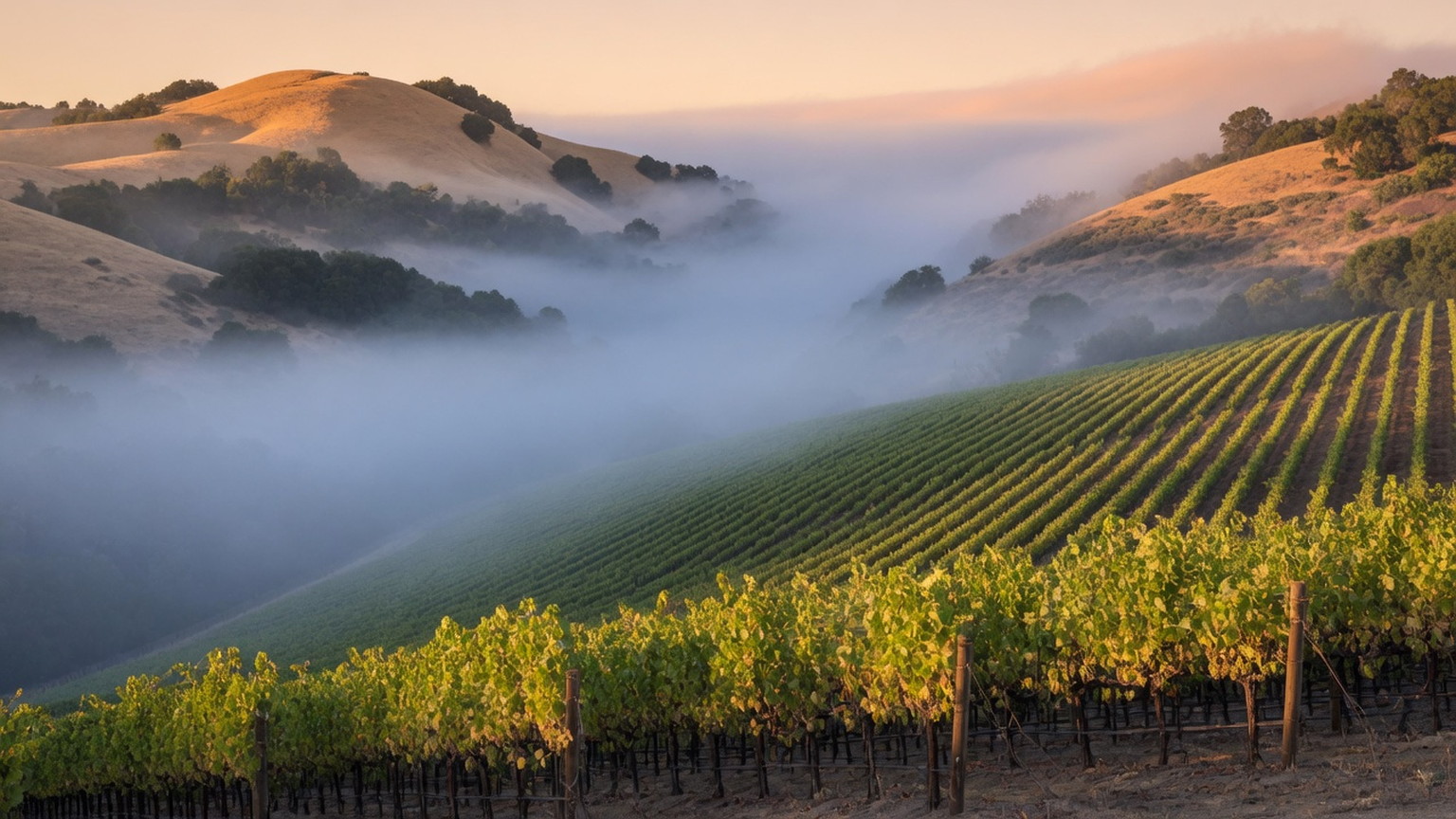Sta. Rita Hills Chardonnay rows in a marine-fog canyon, generated scene