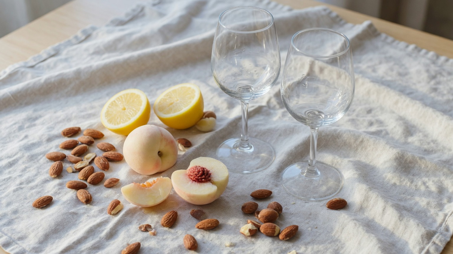 Two Chardonnay glasses with lemon, white peach, and almonds on linen