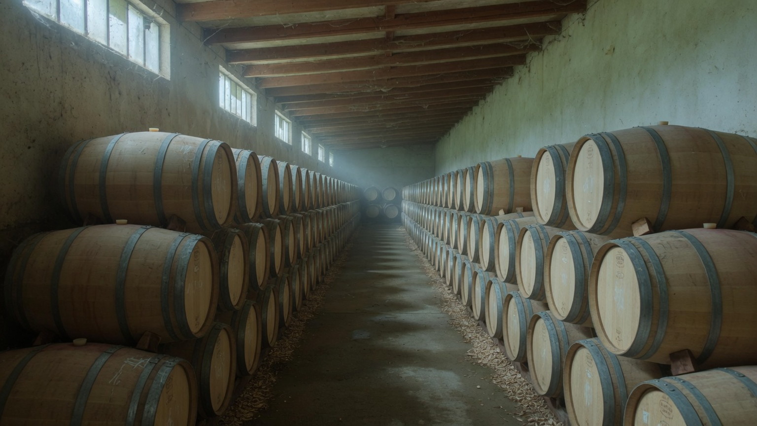 French oak barrels in a cool California cellar, generated scene
