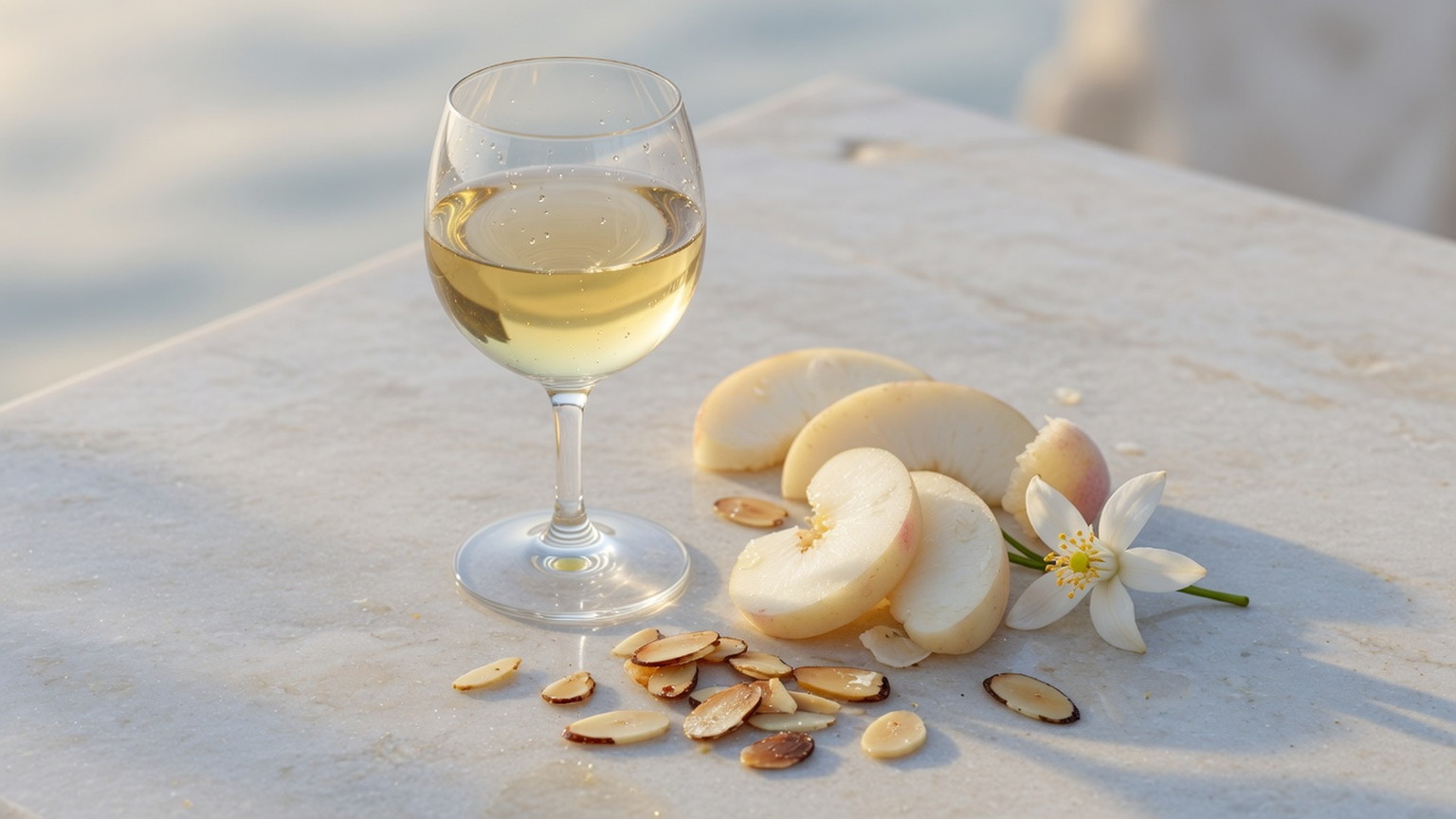 Crystal glass of pale gold Chardonnay beside white peach and lemon blossom