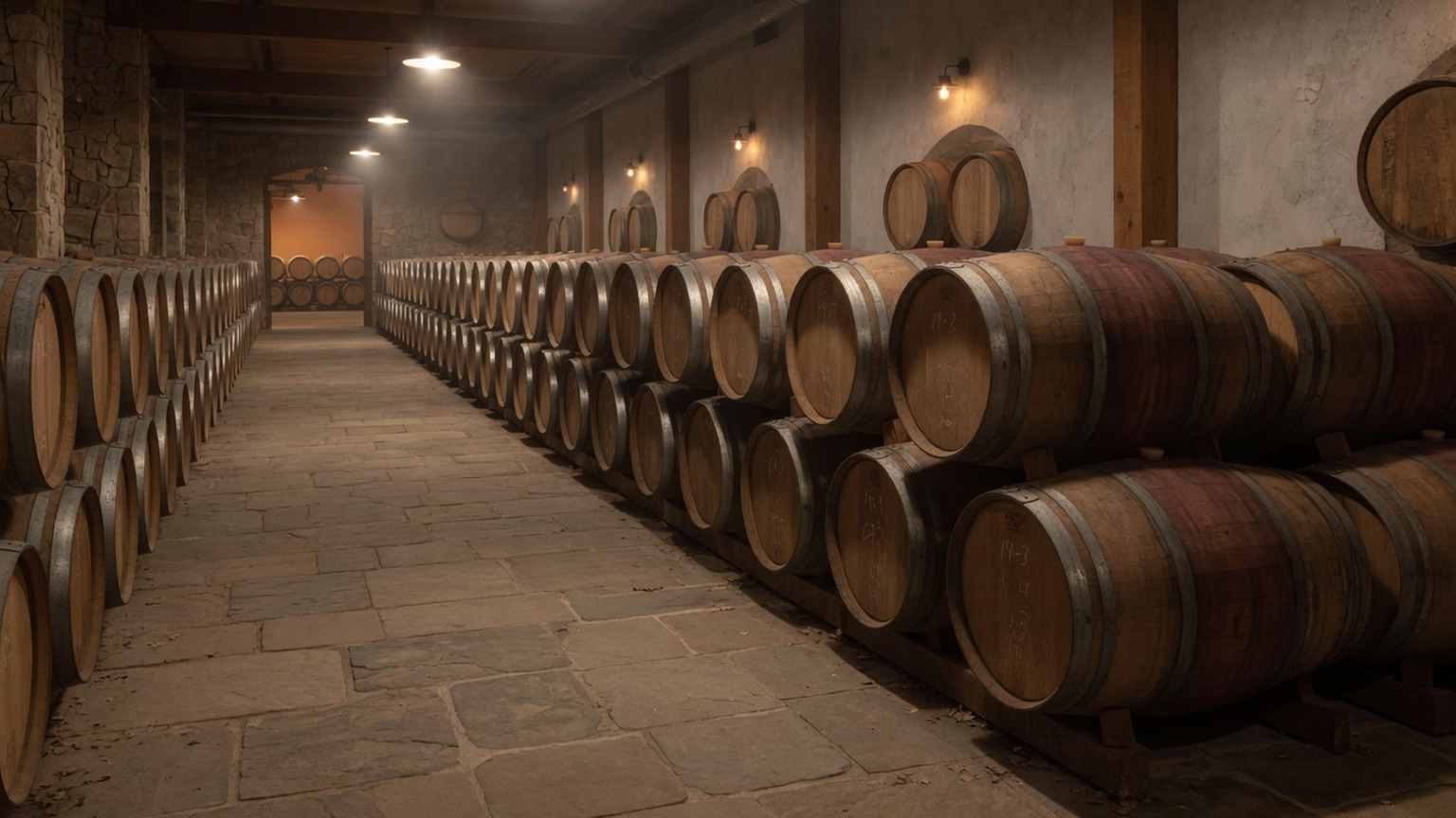 Quiet oak barrel cellar aisle in warm tungsten light