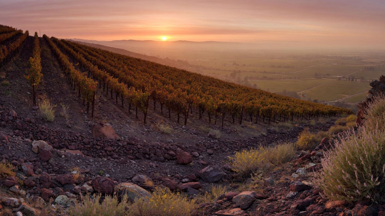 High-elevation vineyard rows on rocky volcanic soil at sunset over a California valley