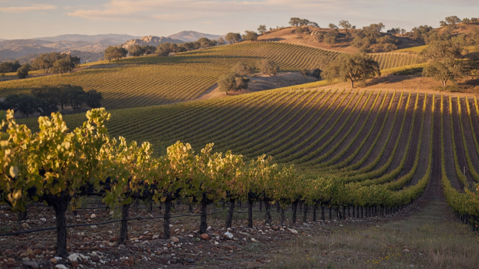 Rolling high-elevation vineyard rows in Sierra Foothills country at late-day light