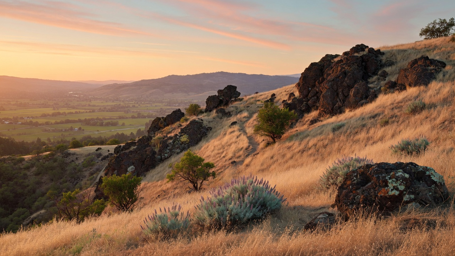 California hillside of gold grass, volcanic rock, and wild sage overlooking a valley