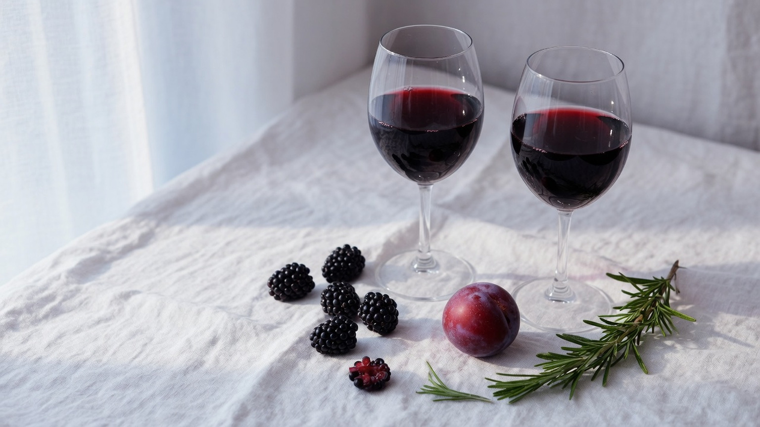 Two glasses of Cabernet with blackberries, plum, and rosemary on linen