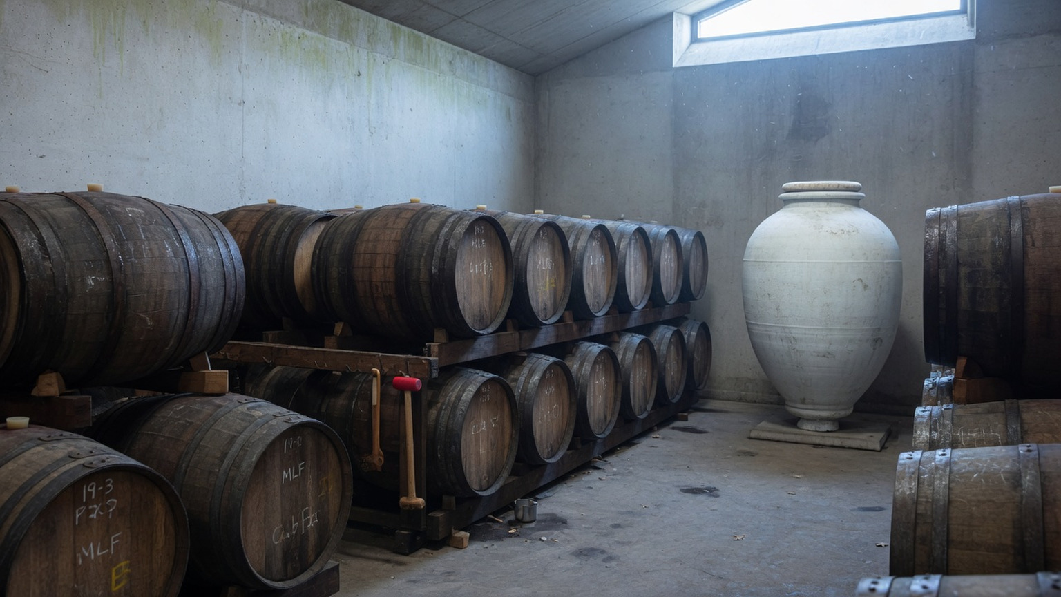 French oak barrels and a concrete wine amphora in a working cellar