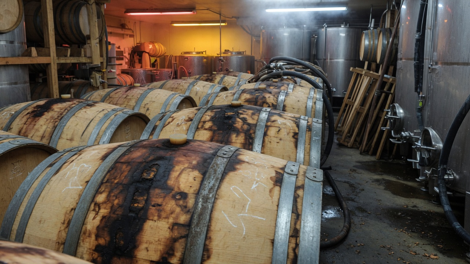 Toasted oak barrels in a working California cellar beside stainless tanks