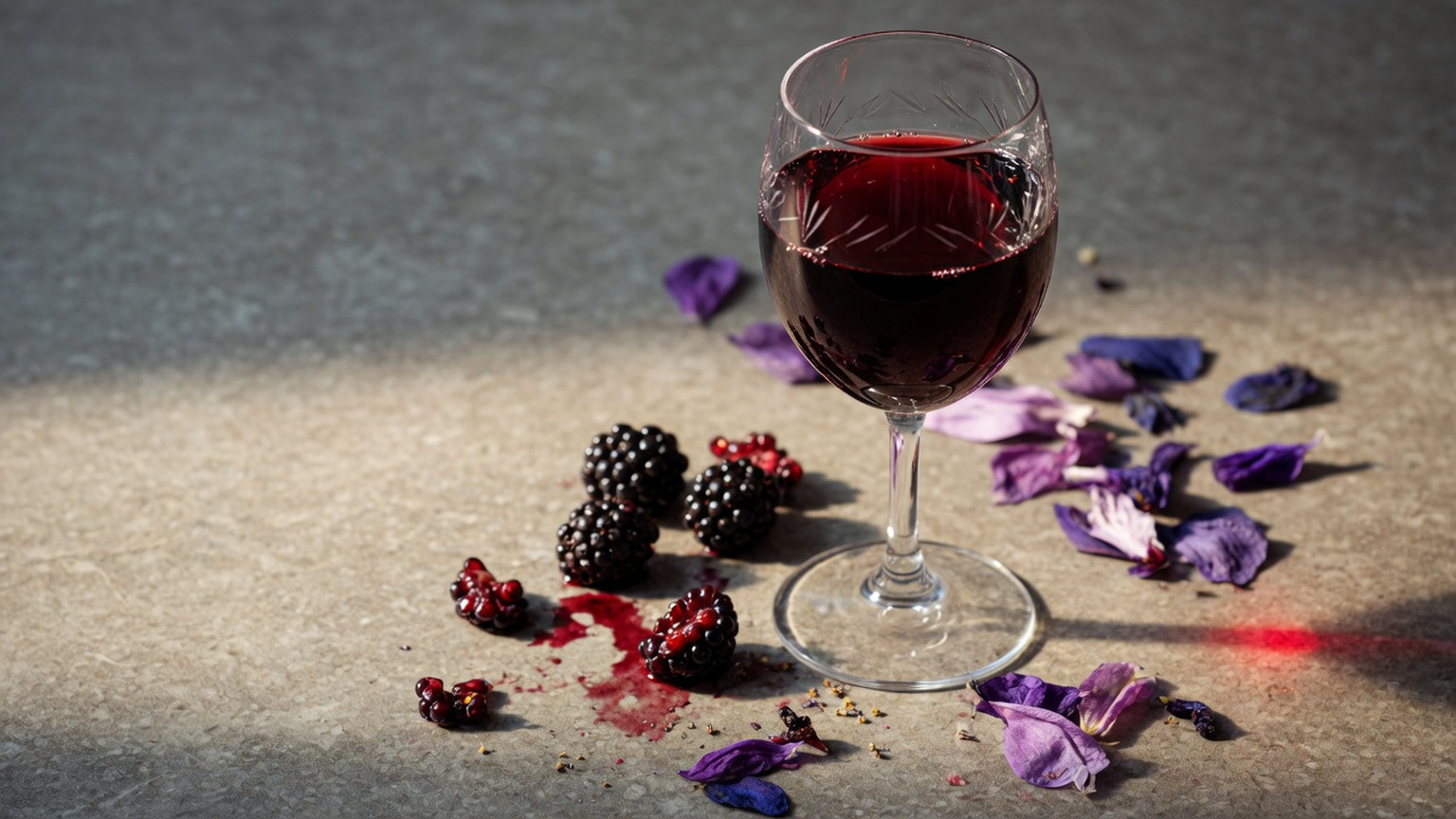 Crystal glass of Cabernet beside blackberries and violet petals