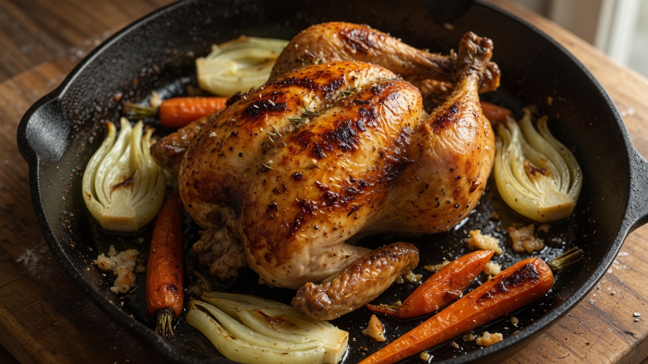 Roast chicken in a skillet with fennel and carrots, food only