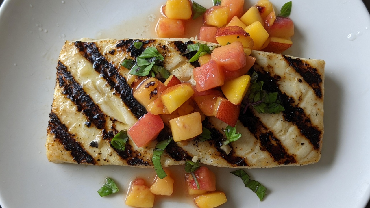 Grilled halibut with peach salsa, food only