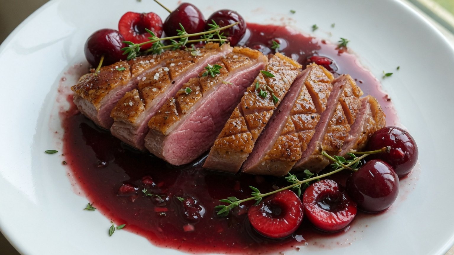 Sliced duck breast with cherry sauce
