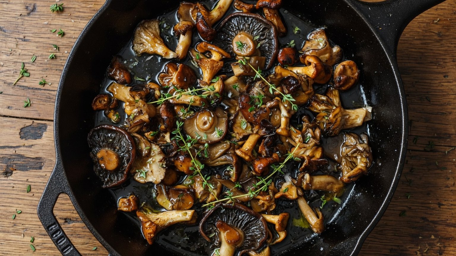 Roasted wild mushrooms in a skillet