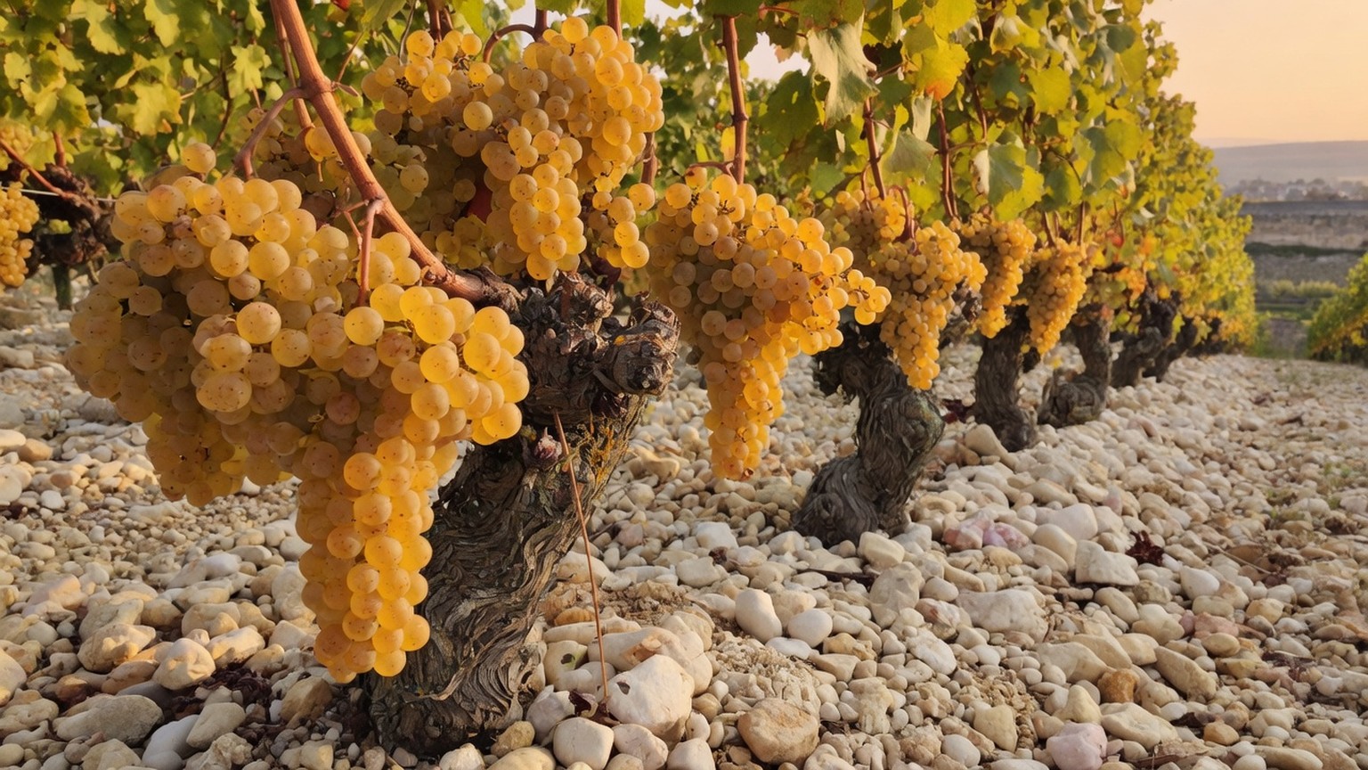 Golden Chardonnay clusters on old vines over limestone pebbles
