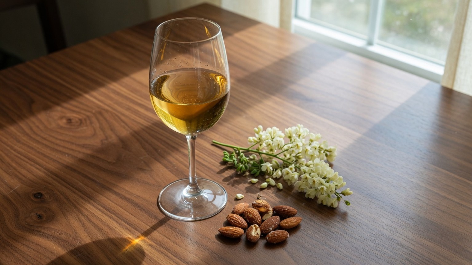 A glass of golden white wine with toasted almonds and white blossoms