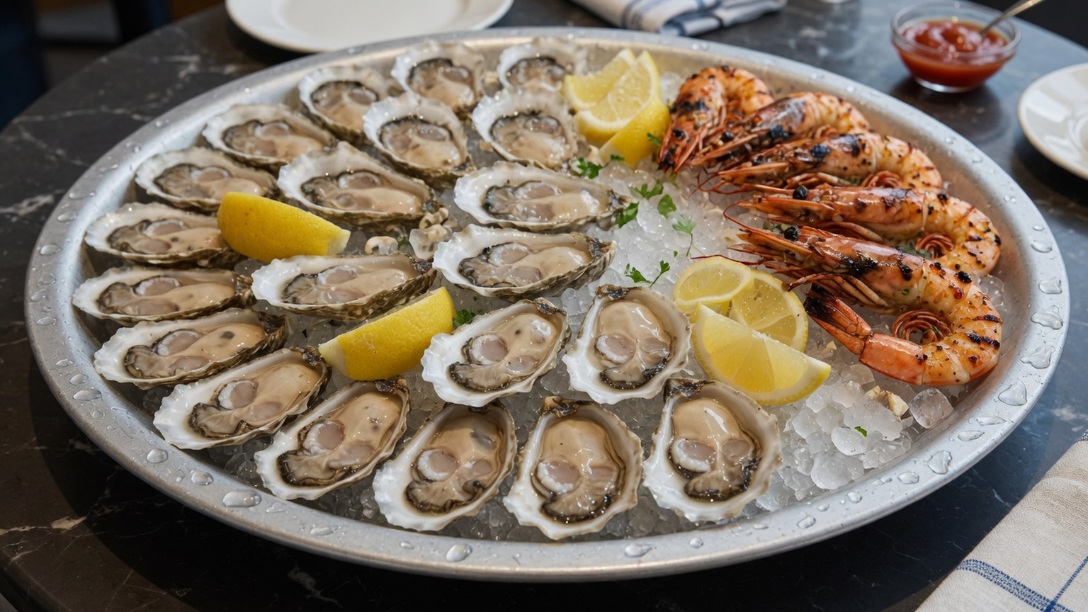 A platter of oysters and grilled prawns on ice
