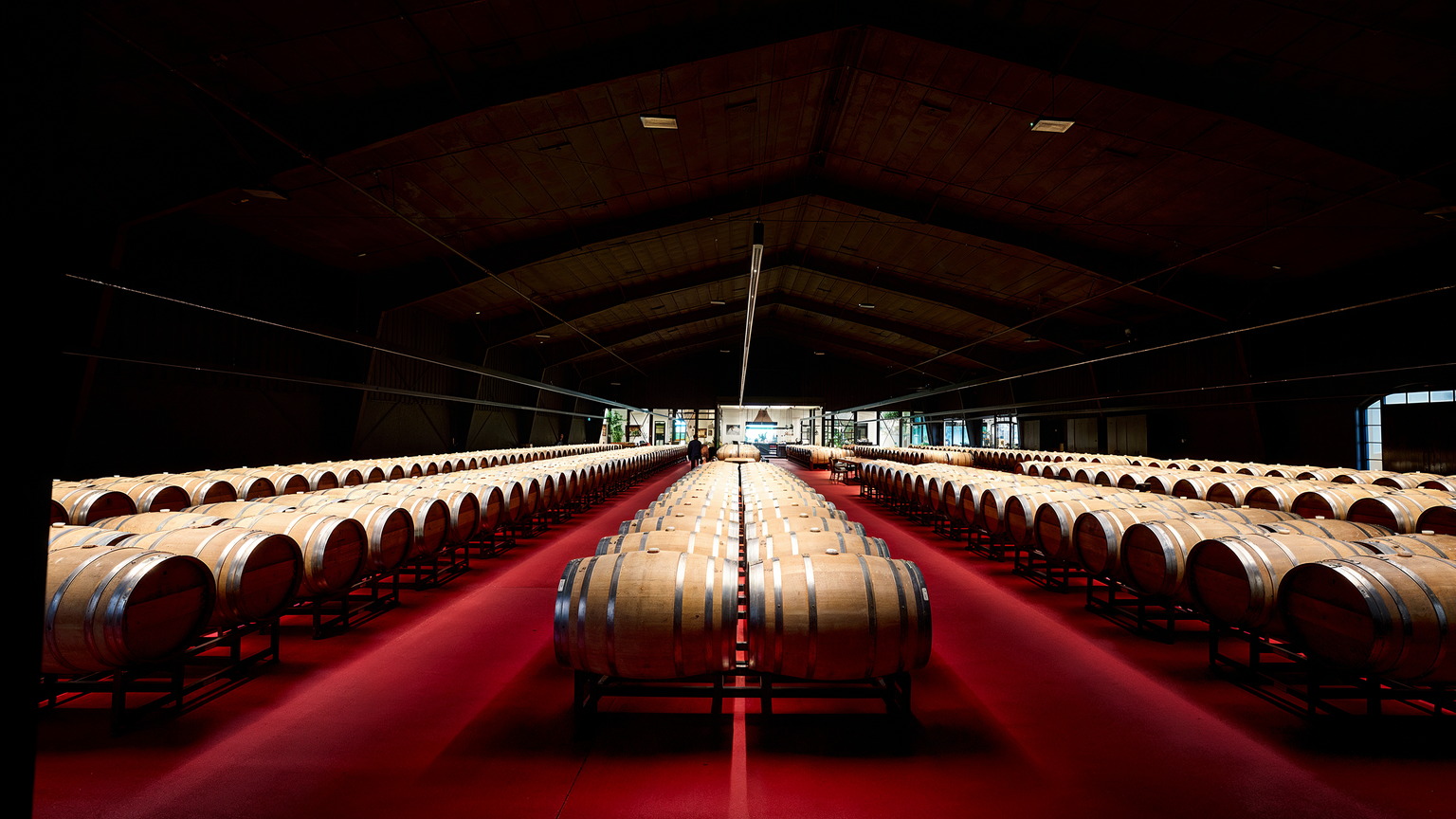 Rows of barrels in the Caymus cellar