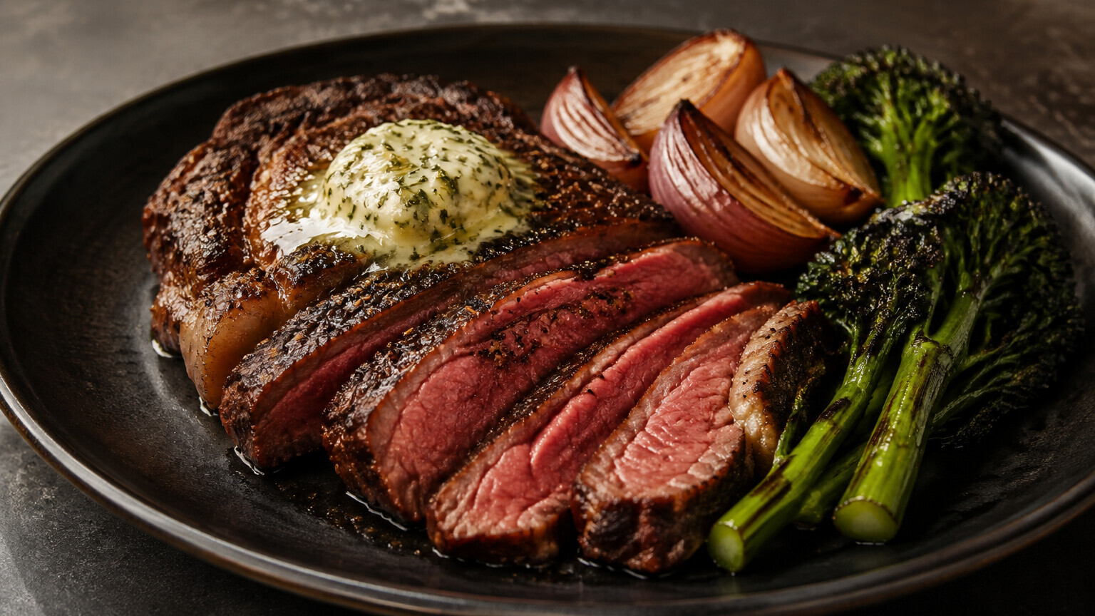 Butter-basted black pepper ribeye with roasted shallots and broccolini, food-only pairing image