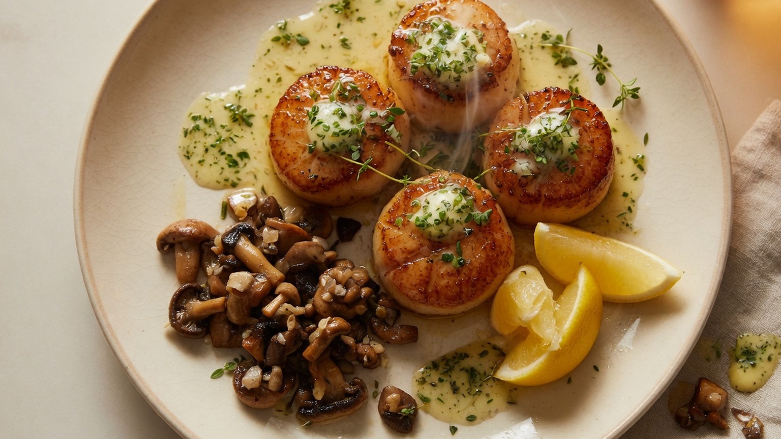Pan-seared scallops with lemon butter and mushrooms, food only