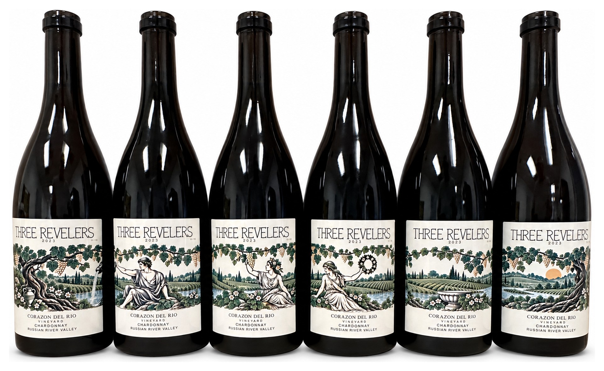 Six 2023 Three Revelers Corazon Del Rio Chardonnay bottles whose labels complete one vineyard image