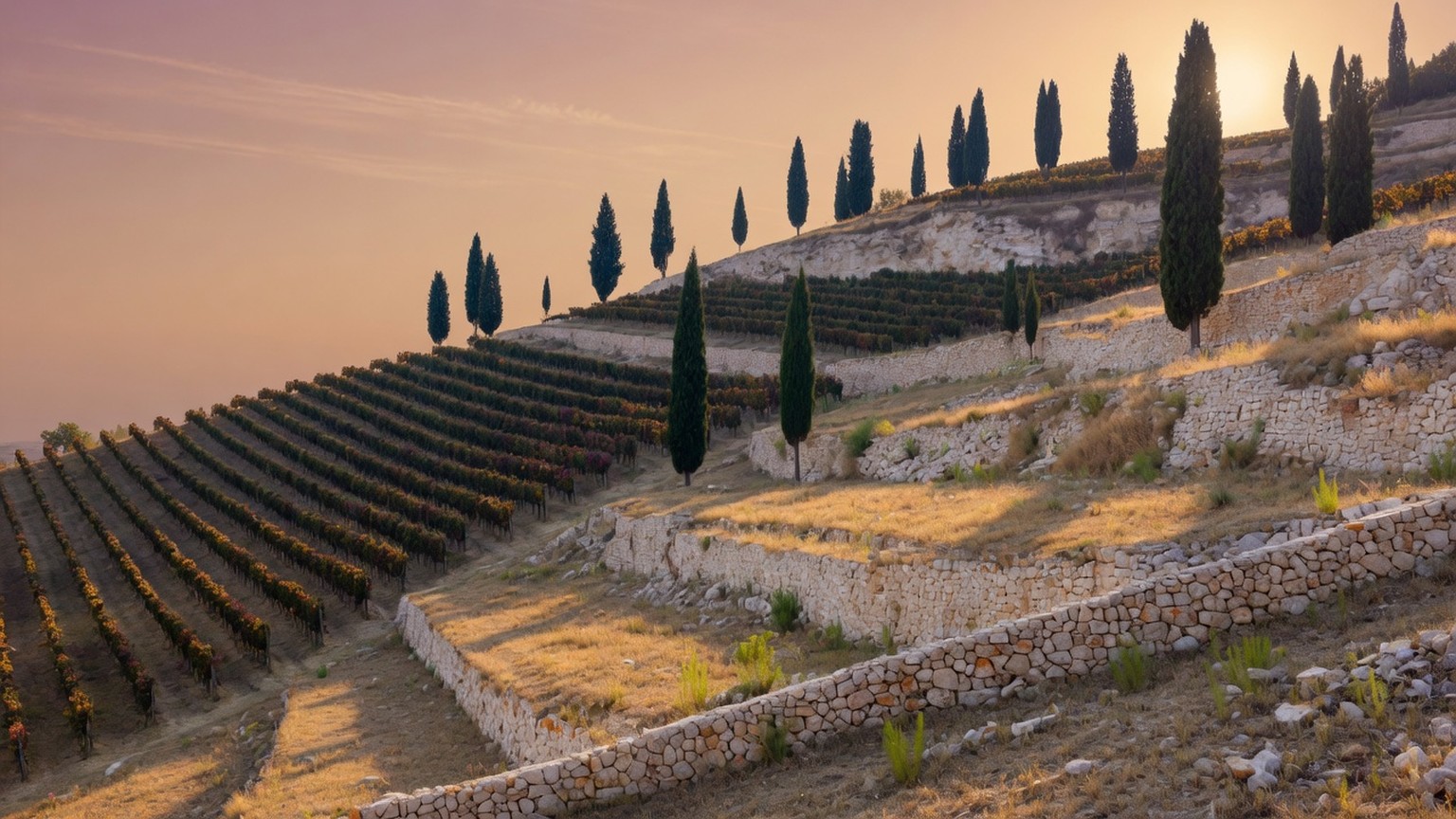 Generated hillside study of vineyard rows, limestone, and cypress