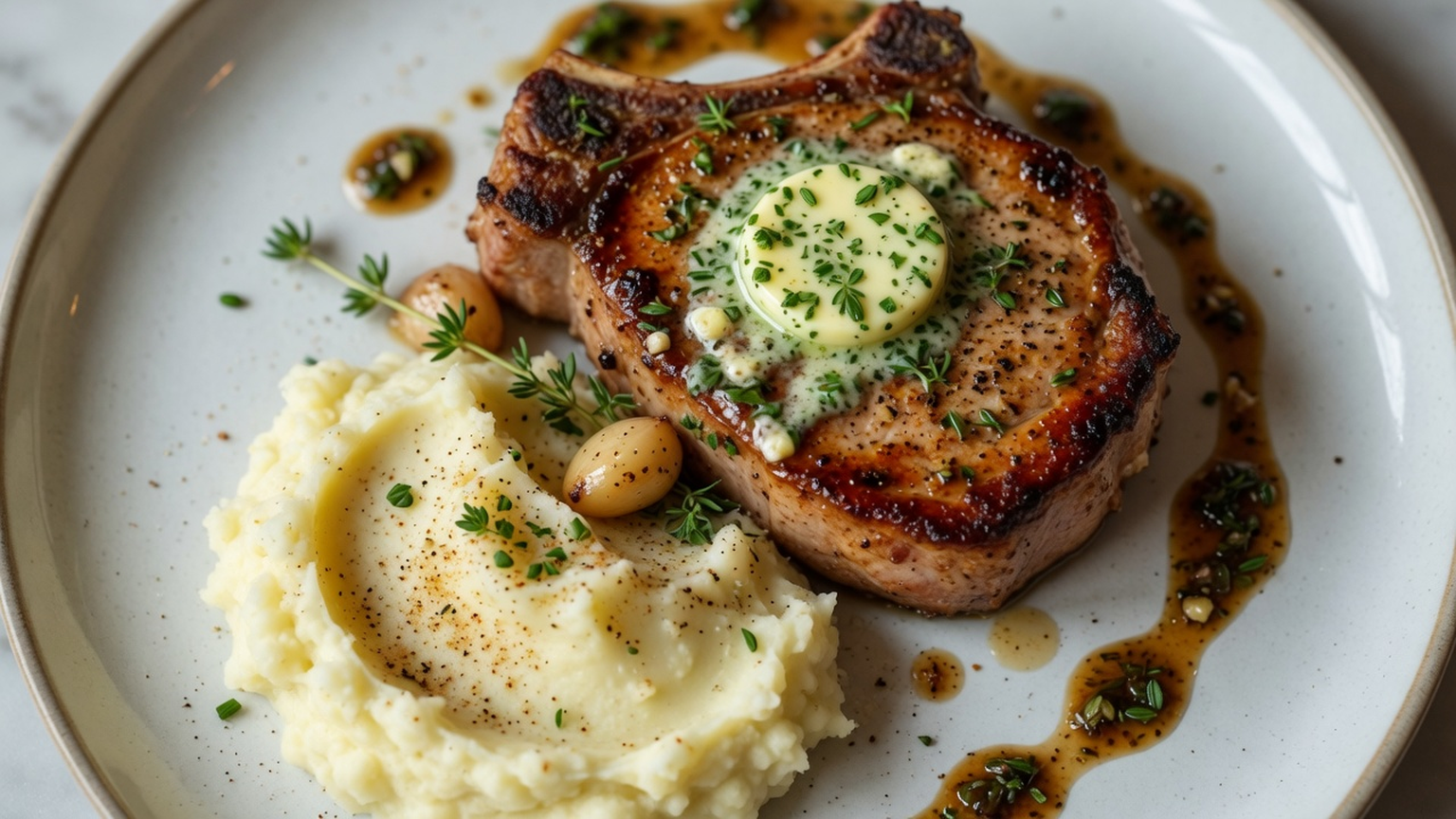 Pan-seared pork chop with herb butter, food pairing image