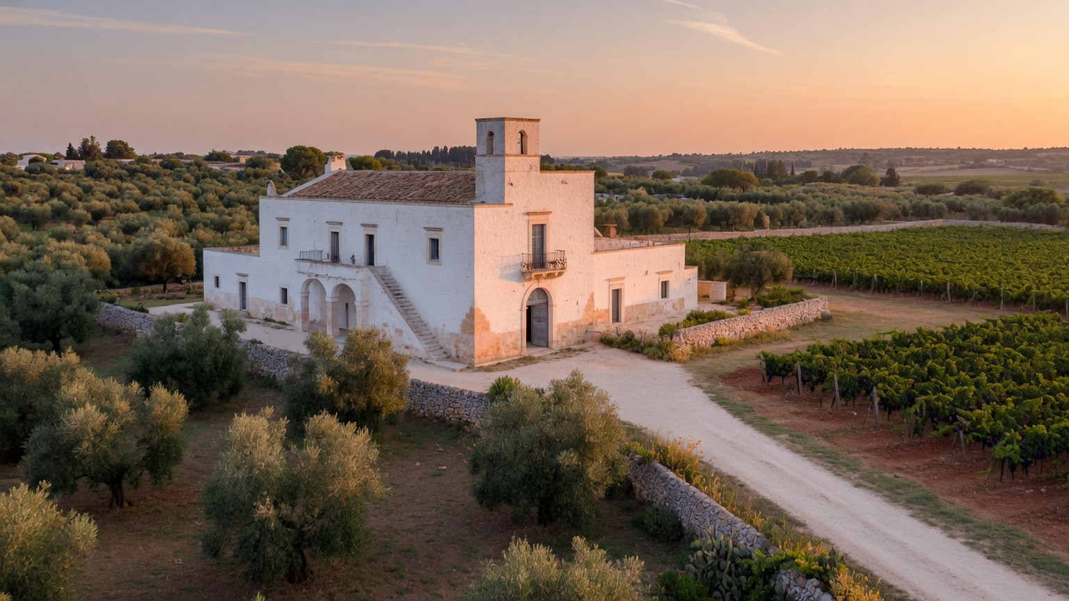 Whitewashed Puglian masseria among olive groves, generated scene