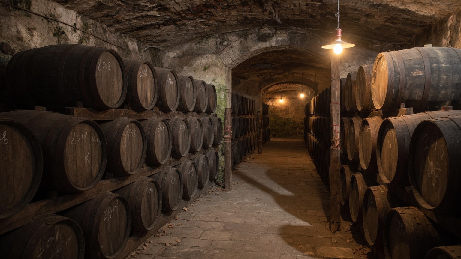 French oak barriques in an Italian cellar aisle, generated scene