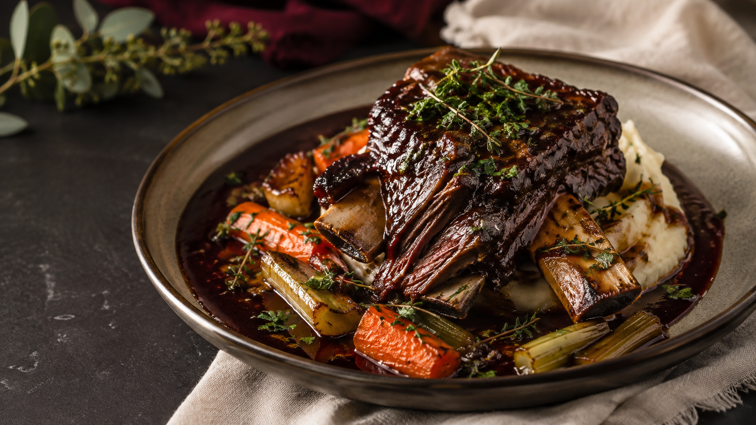 Cabernet-braised beef short ribs with mashed potatoes and roasted vegetables