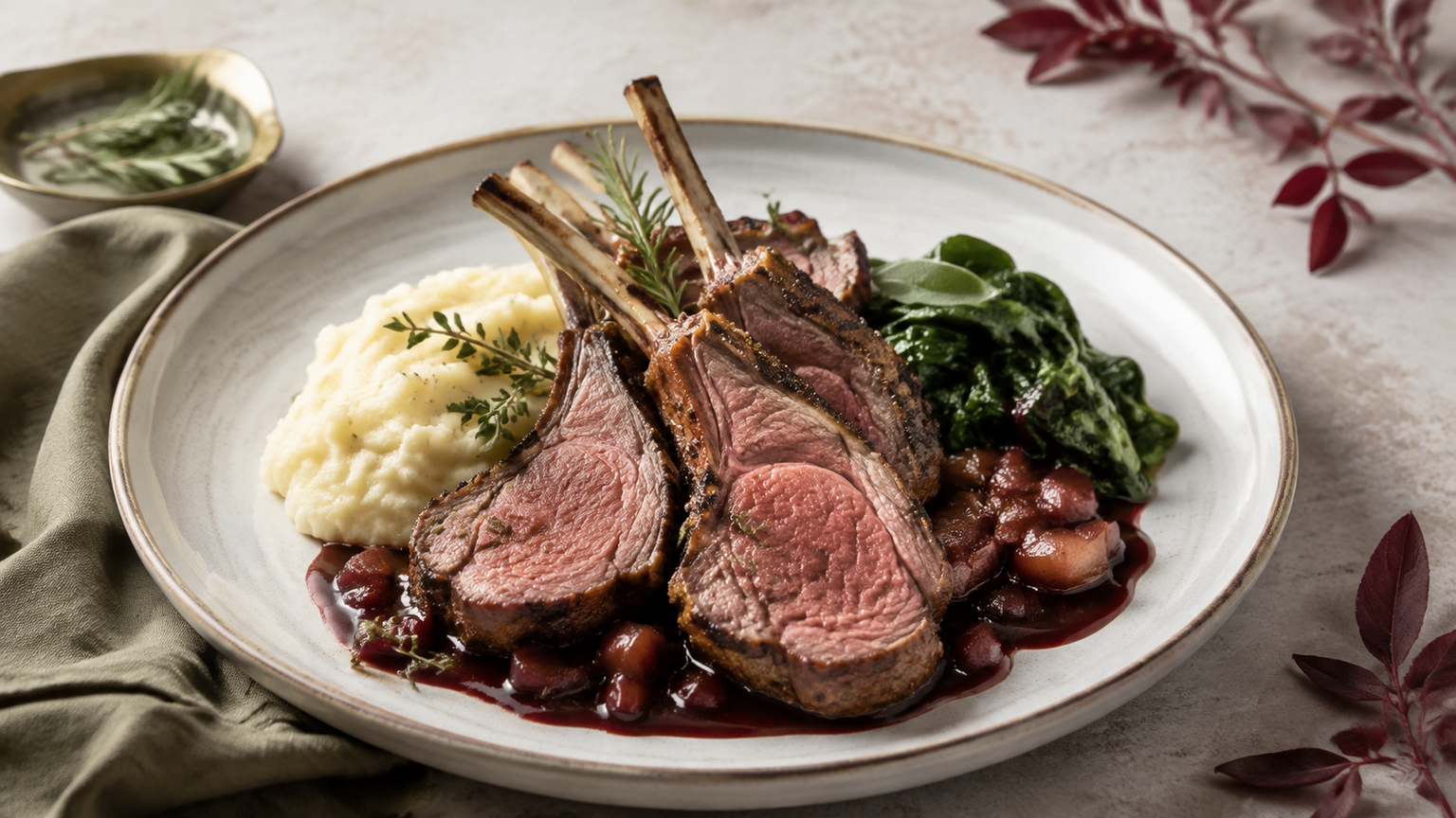 Herb-grilled rack of lamb with apple-Cabernet sauce, mashed potatoes, and spinach